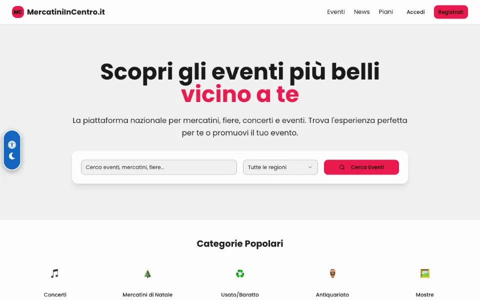 La pagina iniziale di MercatiniInCentro.it