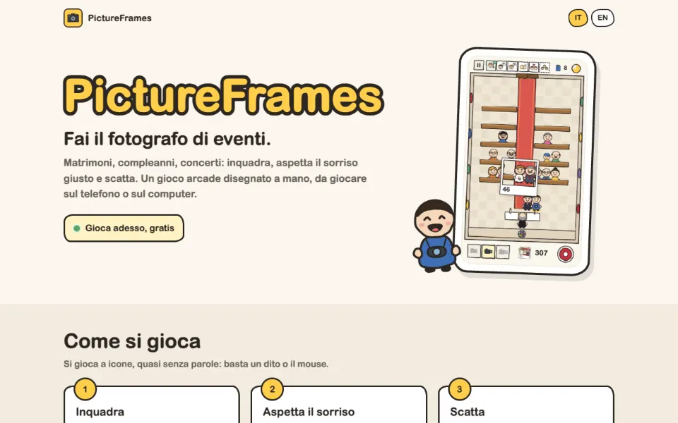 La pagina iniziale di PictureFrames
