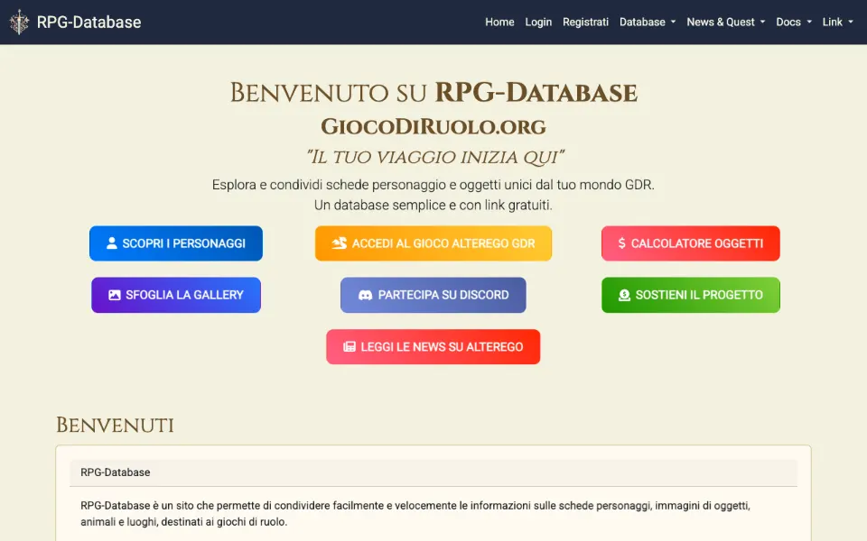 La pagina iniziale di RPG-Database